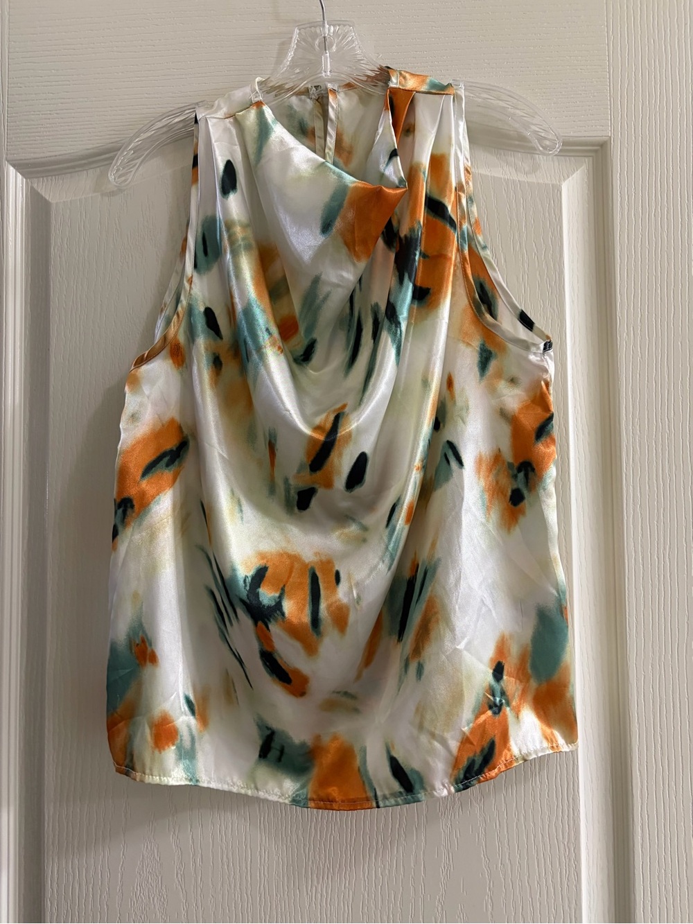 Satin Cowl Neck Sleeveless Blouse Abstract Watercolor Print Large